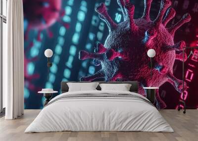 3D rendering of a virus structure with digital binary code in the background, highlighting its molecular details. Wall mural