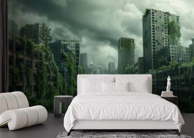 A 3D render of a city after apocalypse shows nature reclaiming overgrown buildings with vines and trees under a cloudy, ominous sky, Sharpen Landscape background Wall mural