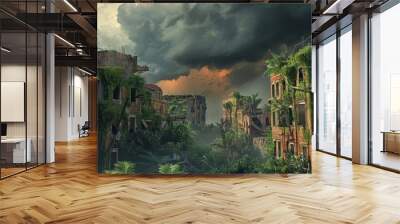 A 3D render of a city after apocalypse shows nature reclaiming overgrown buildings with vines and trees under a cloudy, ominous sky, Sharpen Landscape background Wall mural