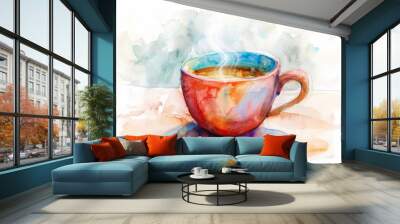 A beautiful watercolor painting of a steaming cup of coffee Wall mural