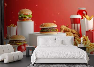 A blank podium showcase with a variety of fast food items in the center Wall mural