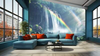 A breathtaking waterfall scene with vibrant rainbows and lush greenery, creating a serene and picturesque natural landscape. Wall mural