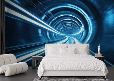 A captivating tunnel with vibrant blue light trails creating a dynamic sense of motion and depth for futuristic imagery. Wall mural