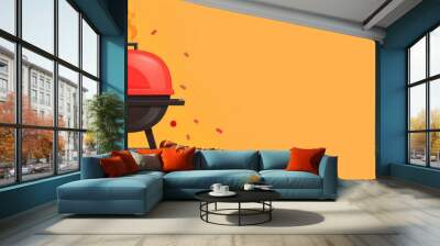 A conceptual illustration of a family barbecue with sizzling grills, hot dogs, and hamburgers, ideal for a festive banner with space for copy Wall mural