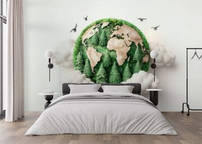 A creative representation of Earth featuring lush greenery and clouds, symbolizing environmental awareness and sustainability. Wall mural