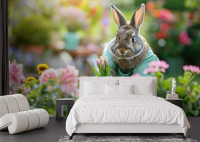 A cute rabbit gardening among vibrant flowers, creating a cheerful scene of springtime gardening and nature's beauty. Wall mural