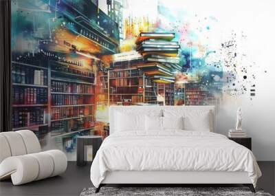 A cyber watercolor painting reveals a futuristic library where books float and emit light Wall mural