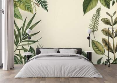 A detailed image of botany with various plant species and leaf structures, isolated on a clean backdrop with room for text Wall mural