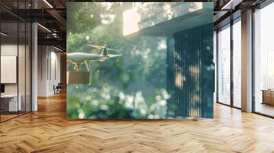 A drone delivers a package in a modern urban environment, surrounded by greenery and sunlight, showcasing advanced technology. Wall mural