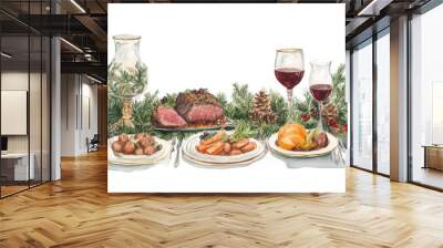 A festive holiday dining scene featuring a roast, vegetables, and wine, surrounded by seasonal greenery and decorative elements. Wall mural