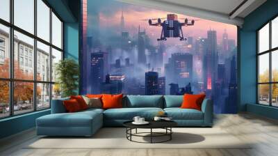 A futuristic drone flying over a vibrant city skyline at dusk, showcasing technology and urban landscape. Wall mural