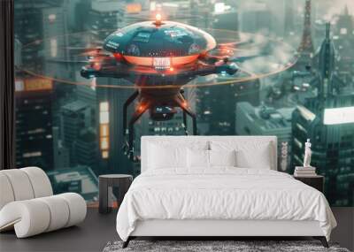 A futuristic drone flying over a vibrant cityscape at dusk, showcasing urban technology and innovation in a bustling metropolis. Wall mural