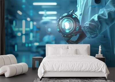 A futuristic medical environment showcasing a doctor holding a high-tech device, emphasizing innovation in healthcare technology. Wall mural