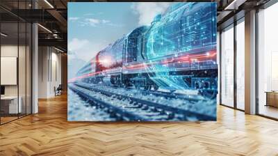 A futuristic train navigating snowy landscapes, blending technology with nature for a stunning visual experience. Wall mural