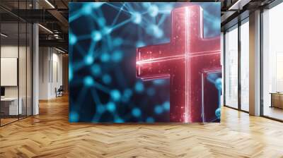 A glowing cross illuminated against a backdrop of interconnected nodes, symbolizing faith and spirituality in a digital age. Wall mural