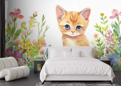 A kawaii watercolor depicting a playful kitten in a vibrant garden, rendered as retro styles detail clipart isolated white background Wall mural