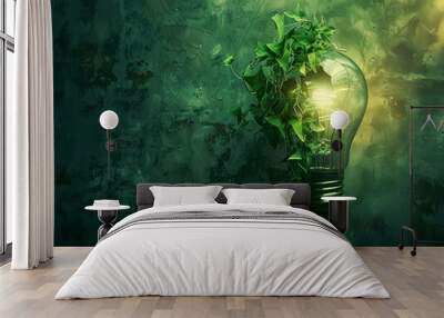 A light bulb filled with a lush green plant and glowing light Wall mural