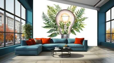 A light bulb filled with delicate plants and ferns, symbolizing the fusion of nature and innovation, on a white isolated background. Wall mural