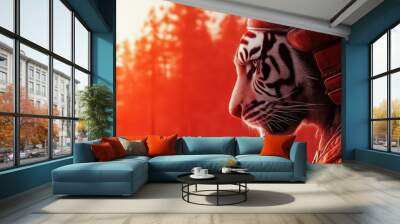 A majestic tiger dons traditional armor, set against a glowing red forest backdrop, representing strength and beauty in nature. Wall mural