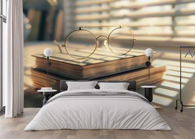 A pair of stylish glasses resting on a stack of books in soft sunlight, creating a warm and inviting study atmosphere. Wall mural