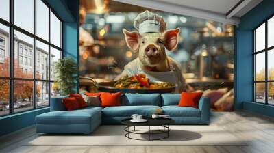 A playful pig chef cooking vibrant vegetables in a bustling kitchen filled with delicious aromas and lively energy. Wall mural