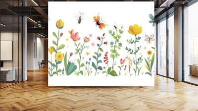 A set of tiny clipart insects buzzing around spring flowers, isolated minimal with white background Wall mural