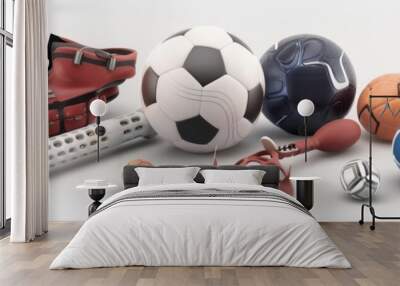 A small, fantastic array of sports gear, ready for action in a dynamic 3D layout, model isolated white background Wall mural