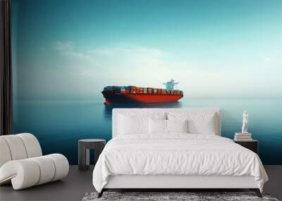 A solitary cargo ship floats serenely on calm waters under a blue sky, capturing a moment of tranquility at sea. Wall mural