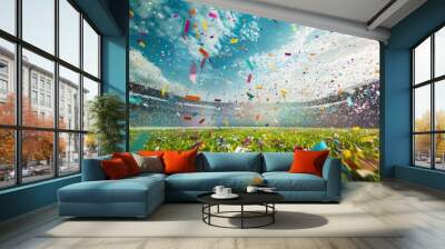 A sports stadium filled with confetti falling on the green field, under a bright sky with a cheering crowd Wall mural