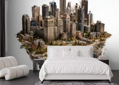 A stunning aerial view of an urban skyline with skyscrapers and waterfront. Wall mural