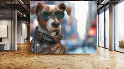 A stylish dog wearing sunglasses and a leather jacket, posing confidently in an urban setting. Wall mural