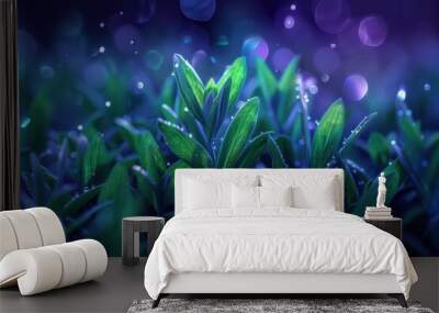 A supernatural scene where alfalfa sprouts in fields of shimmering dew, its leaves glowing with a vibrant, magical energy that revitalizes all who consume it Wall mural