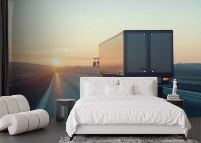 A truck driving on an open road during sunset, showcasing freedom and transportation in a tranquil landscape. Wall mural