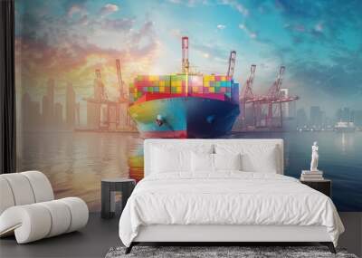 A vibrant cargo ship at sunset, reflecting on calm waters near a bustling port, symbolizing global trade and industry. Wall mural