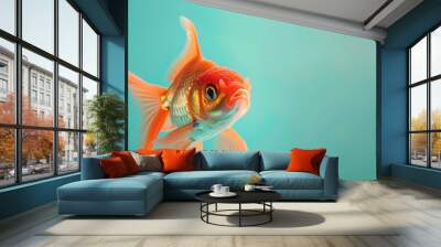 A vibrant goldfish swimming gracefully in clear water, showcasing its beautiful fins and scales in a serene aquatic setting. Wall mural