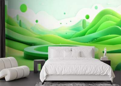 A vibrant green landscape with rolling hills and a circular platform, ideal for showcasing creativity and nature's beauty. Wall mural