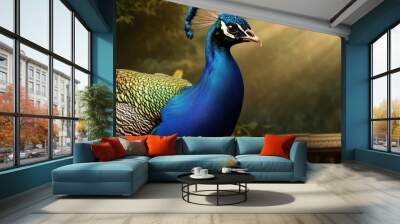 A vibrant peacock displaying its stunning feathers in a serene garden, illuminated by soft, golden sunlight. Wall mural