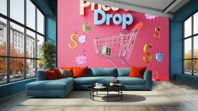 A vibrant shopping cart symbolizes price drops in a colorful retail setting, perfect for promotional sales and marketing visuals. Wall mural