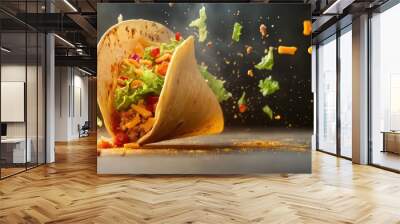 A vibrant taco bursting with fresh ingredients, showcasing a delightful mix of colors and textures, perfect for food enthusiasts. Wall mural