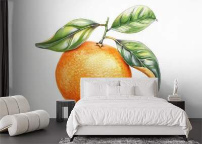 A watercolor illustration of a tangerine with its leafy stem, perfect for a fresh fruit theme on a white backdrop Wall mural