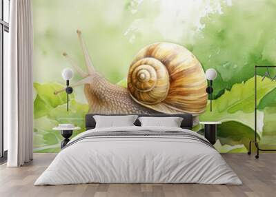 A watercolor of a snail, slow and steady, moving across a leaf, capturing the essence of patience and resilience, amidst a damp, green garden, Clipart isolated on white Wall mural