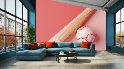 A wooden baseball bat rests beside a classic baseball, set against a colorful geometric background. Perfect for sports themes. Wall mural