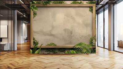 Abstract depiction of an empty wooden frame with futuristic nature and city elements with copy space Wall mural