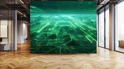 Abstract green landscape of a sprawling steppe transformed into a digital battlefield Wall mural