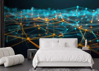 Abstract network design featuring glowing blue and orange connections, representing data flow and digital communication. Wall mural