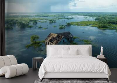 Aerial view of an abandoned house partially submerged in water amidst lush greenery and cloudy skies. Wall mural