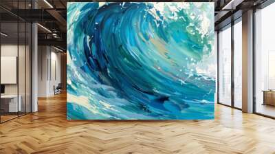 An abstract ocean wave in vibrant blue and teal, rendered in oil paint style, creates a dynamic and soothing backdrop for summer escapades Wall mural