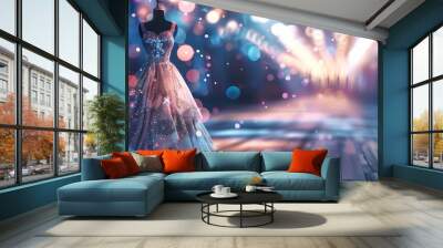 An elegant dress icon takes center stage in Glow HUD, accentuated with a blurred fashion runway background Wall mural