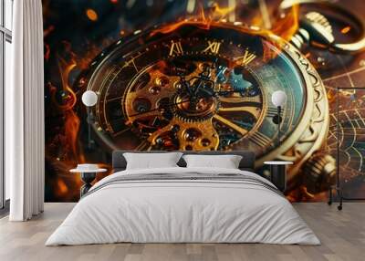 Antique pocket watch burning frantic trading floor Wall mural