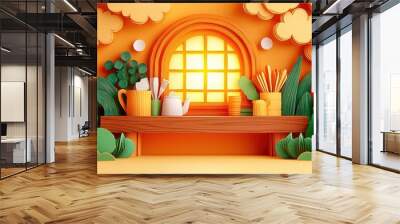 Bright and vibrant paper art scene featuring a sunny window with colorful decorations and greenery, perfect for creative projects. Wall mural